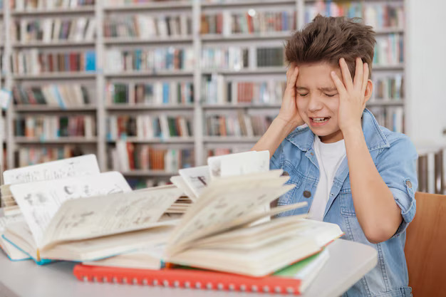 ?Why use textbooks 4 young boy stressing out pile books textbooks his desk 130388 1297